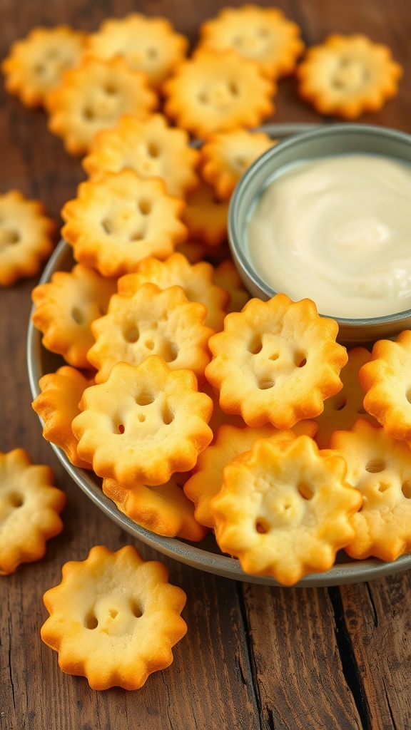 A plate of golden, crispy homemade cheese crackers with a bowl of dip on a wooden table.